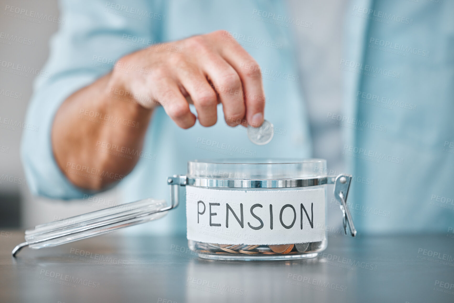 Buy stock photo Man, hands and coin in pension jar for investment, budget and security for future finance in home. Male person, container and save for cash growth, income and change in money box for retirement fund