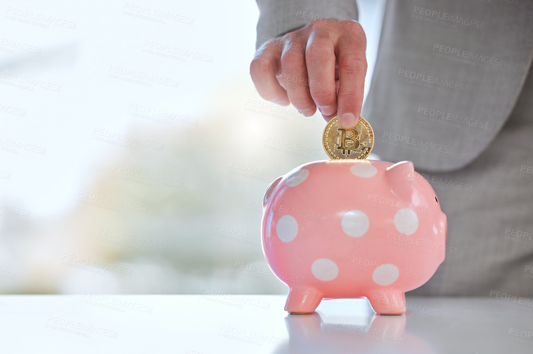 Buy stock photo Businessman, hands or coin for savings, piggy bank or income security for future financial freedom. Inflation, closeup or money savvy investment banker with gold penny or wealth growth cryptocurrency