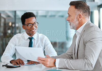 Buy stock photo HR, interview or documents with a business man and candidate for vacancy meeting in an office. Manager, recruitment and hiring opportunity with human resources reading a cv or resume in the boardroom