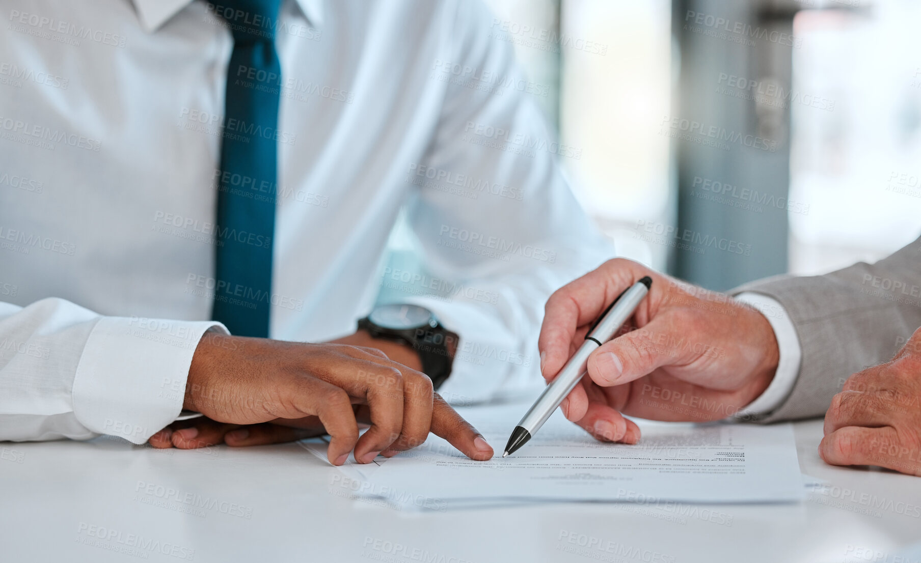 Buy stock photo Employees, paper and signature for contract in office, legal documents and application for policy. People, planning and workplace for business deal, write and partnership for loan or form compliance