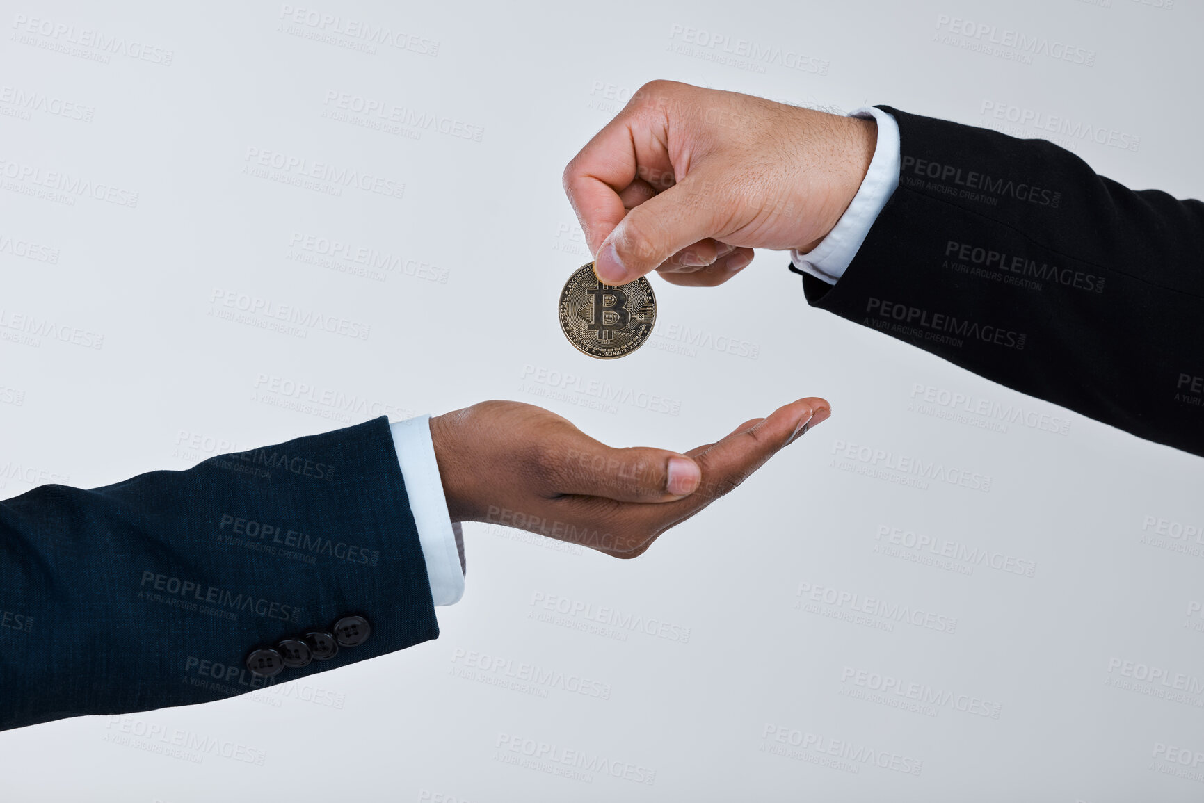 Buy stock photo Hands, business people and coin for giving in studio, investment and partnership for funding startup. Crypto, investor and client with money for growth, financial support or trade by white background