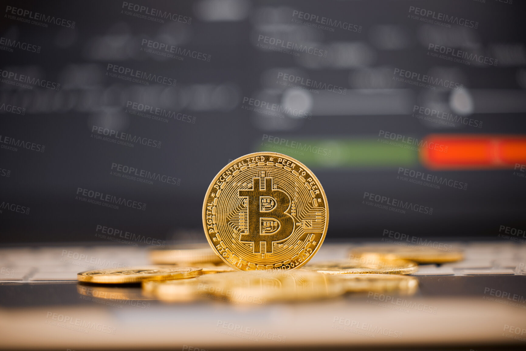 Buy stock photo Shot of a few gold coins on a table