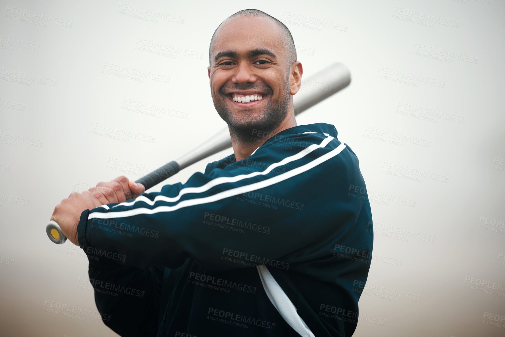 Buy stock photo Happy man, portrait and baseball with bat for game time, match or outdoor competition on field or pitch. Young male person or sports athlete with smile for fitness, exercise or workout in winter mist