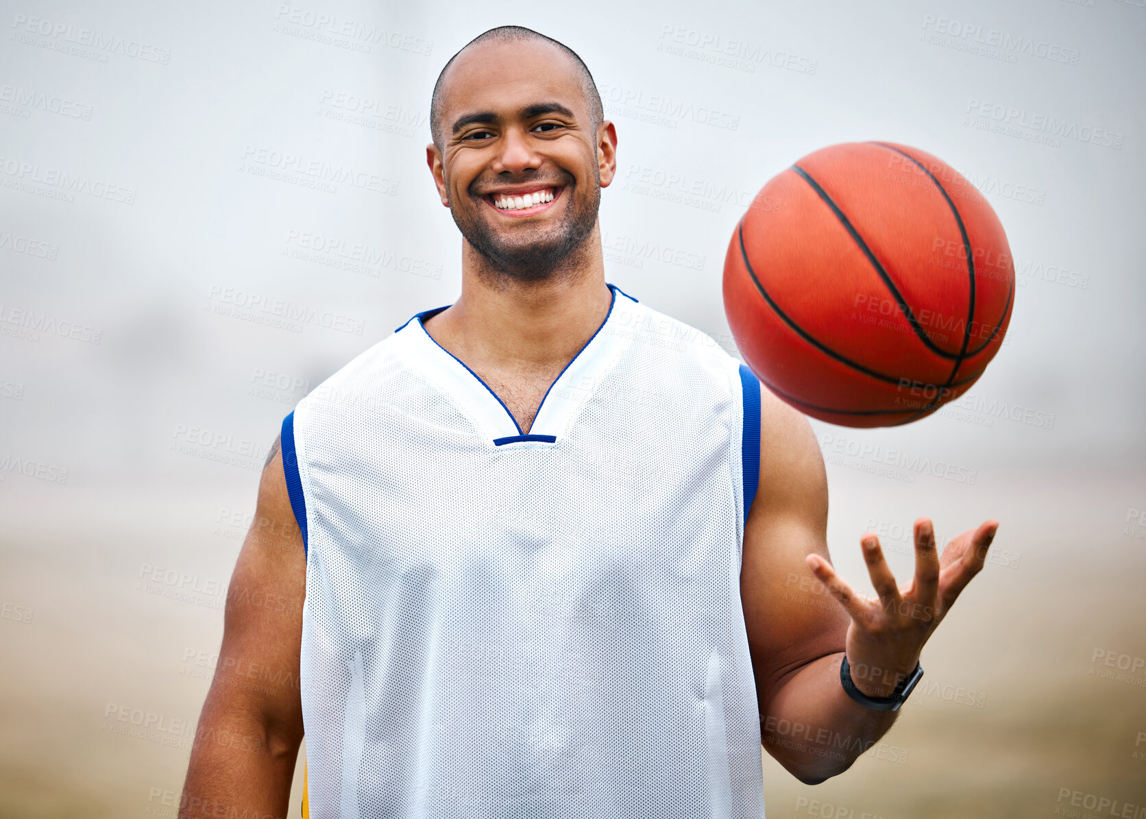 Buy stock photo Happy man, portrait and player with basketball for game, match or outdoor fitness on pitch or field. Active, young male person or athlete with smile or ball for sport, exercise or workout in nature