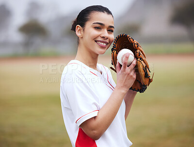 Buy stock photo Cropped portrait of an attractive young female baseball player standing outside