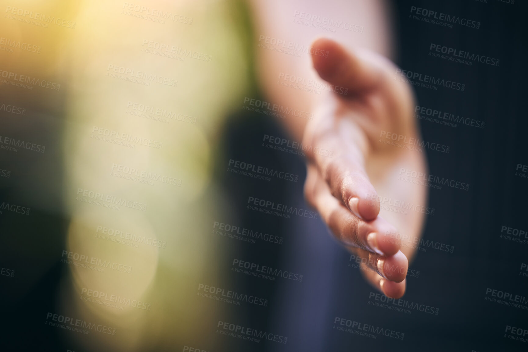 Buy stock photo Hand, greeting and handshake for meeting, hello and employee in onboarding, bokeh and HR of business. Closeup, interview and person in workplace, creative and welcome to agency, hiring and agreement