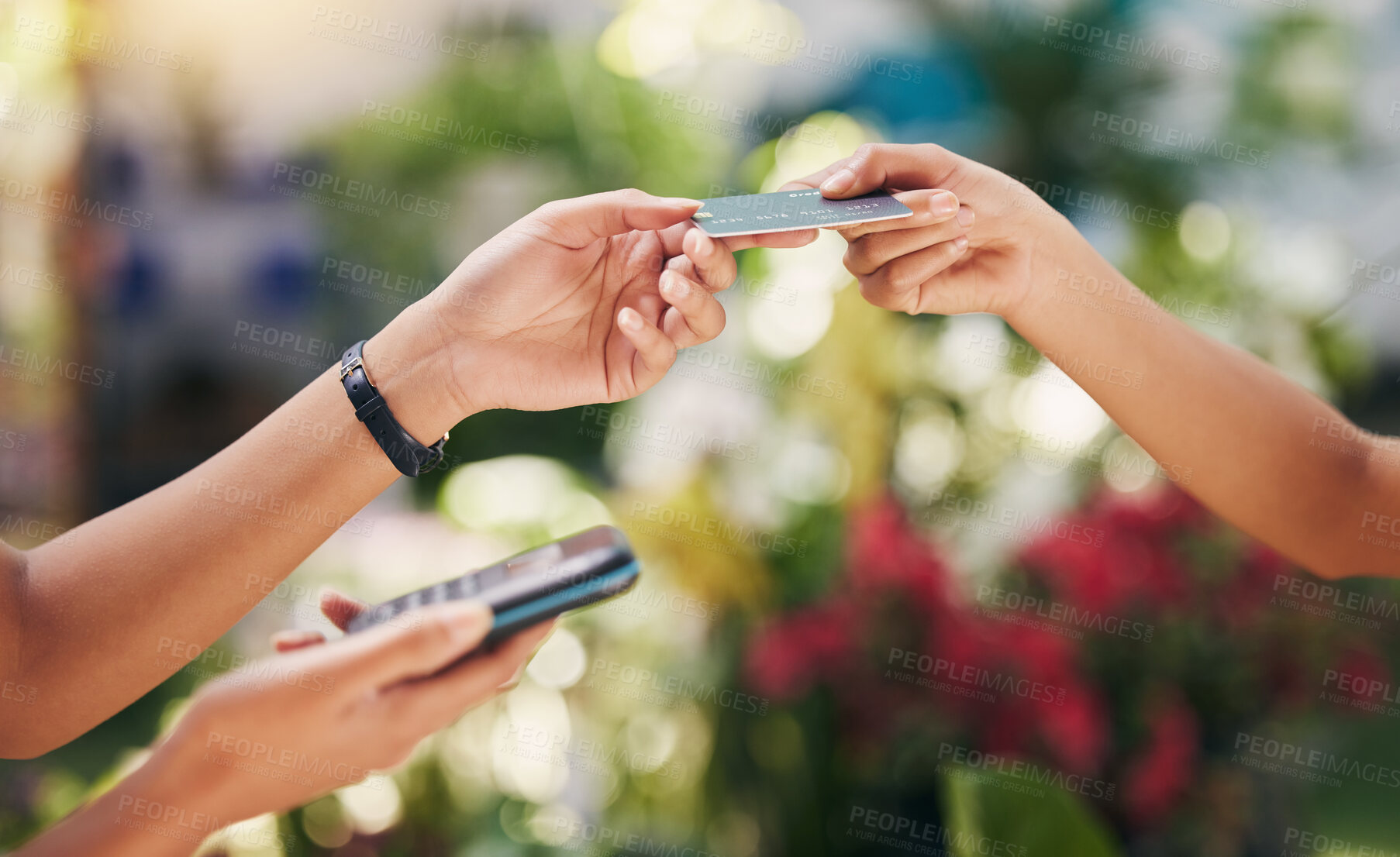 Buy stock photo Hands, credit card and payment with nfc technology for shopping, retail or sustainable plant business. People, customer and start up company or store with budget, pos and florist in market for spring