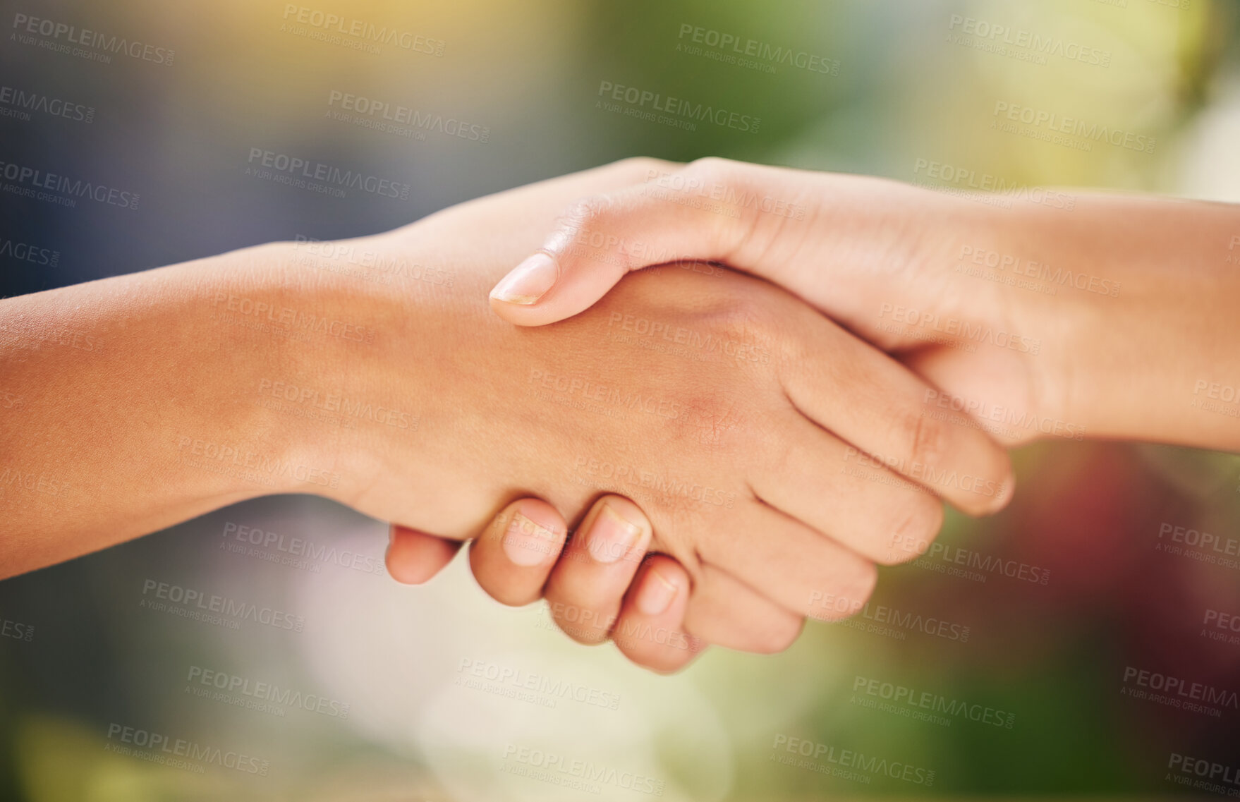 Buy stock photo CRM, shaking hands and thank you with people closeup for agreement, partnership or welcome. Deal, meeting and support with handshake for collaboration, teamwork or success in bonus and promotion