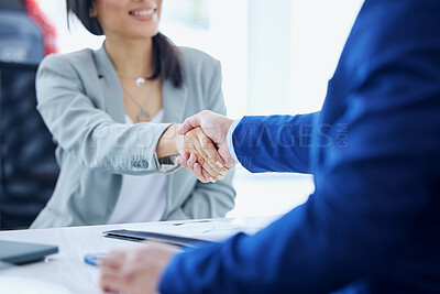 Buy stock photo Cropped shot of an unrecognizable young woman and a male car salesman shaking hands in his office