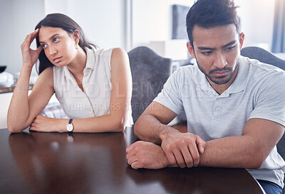 Buy stock photo Home, couple and angry with problem, ignore and marriage issue of married people. Divorce, woman and man with conflict due husband erectile dysfunction, cheating and toxic relationship in house