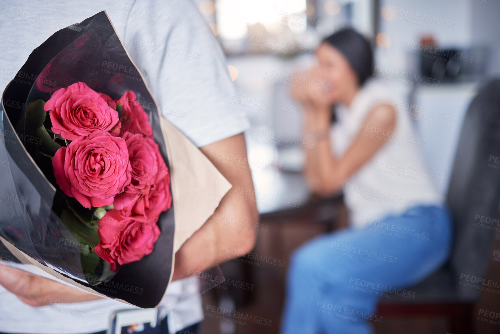 Buy stock photo Hope, couple and man with flowers as surprise, anniversary celebration and romance in marriage. Home, married people and husband with red roses, floral and romantic gesture for happy wife with love