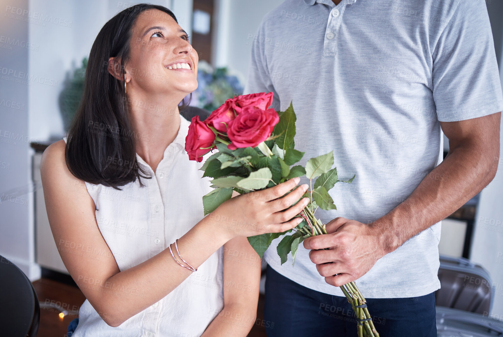 Buy stock photo Surprise, hands or couple with flowers in home on valentines or marriage anniversary celebration. Wow, bouquet or romantic man giving gift or present to happy woman for love, roses or sorry gesture