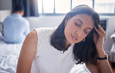 Buy stock photo Couple, together and angry in bedroom after conversation for erectile dysfunction, infertility or sexual problem. Woman, stressed or frustrated in home unhappy with relationship, cheating or affair