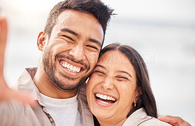 Buy stock photo Couple outdoor, face and laughing in selfie with romantic date, social media post with love and care. Trust, care and commitment, man and woman funny together with happiness in picture and memory