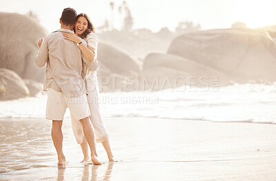 Buy stock photo Beach, dancing and happy couple with love, hug and summer celebration, holiday or vacation. Woman with partner or people dance, celebrate and excited in ocean or sea, travel happiness and laughing