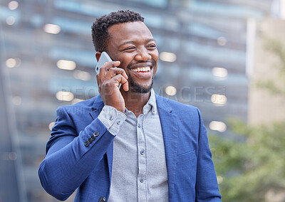 Buy stock photo Phone call, business or black man in city planning work project in conversation or communication. Broker, outdoor or happy African financial advisor networking in investment deal or listening to news