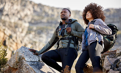 Buy stock photo Hiking, adventure and fitness with couple in mountains for journey, climbing and travel. Relax, trekking and environment with black man and woman hiker in nature for exercise, health and motivation