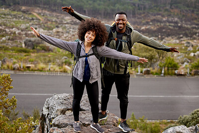 Buy stock photo Couple, hiking or outdoor in portrait together for fitness, journey or climbing and travel. Relax, trekking and mountain range with black man and woman hiker in nature for exercise and health