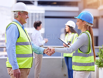Buy stock photo Construction people, handshake and business deal of architect management on a job site. Engineering team, shaking hands and staff with agreement, achievement and surveyor contract with happiness