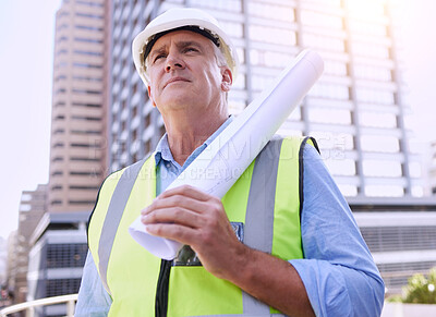 Buy stock photo Mature, man and architect thinking with blueprint outdoor, ideas or inspiration at construction site for engineering. Renovation decision, property development and vision for urban infrastructure 