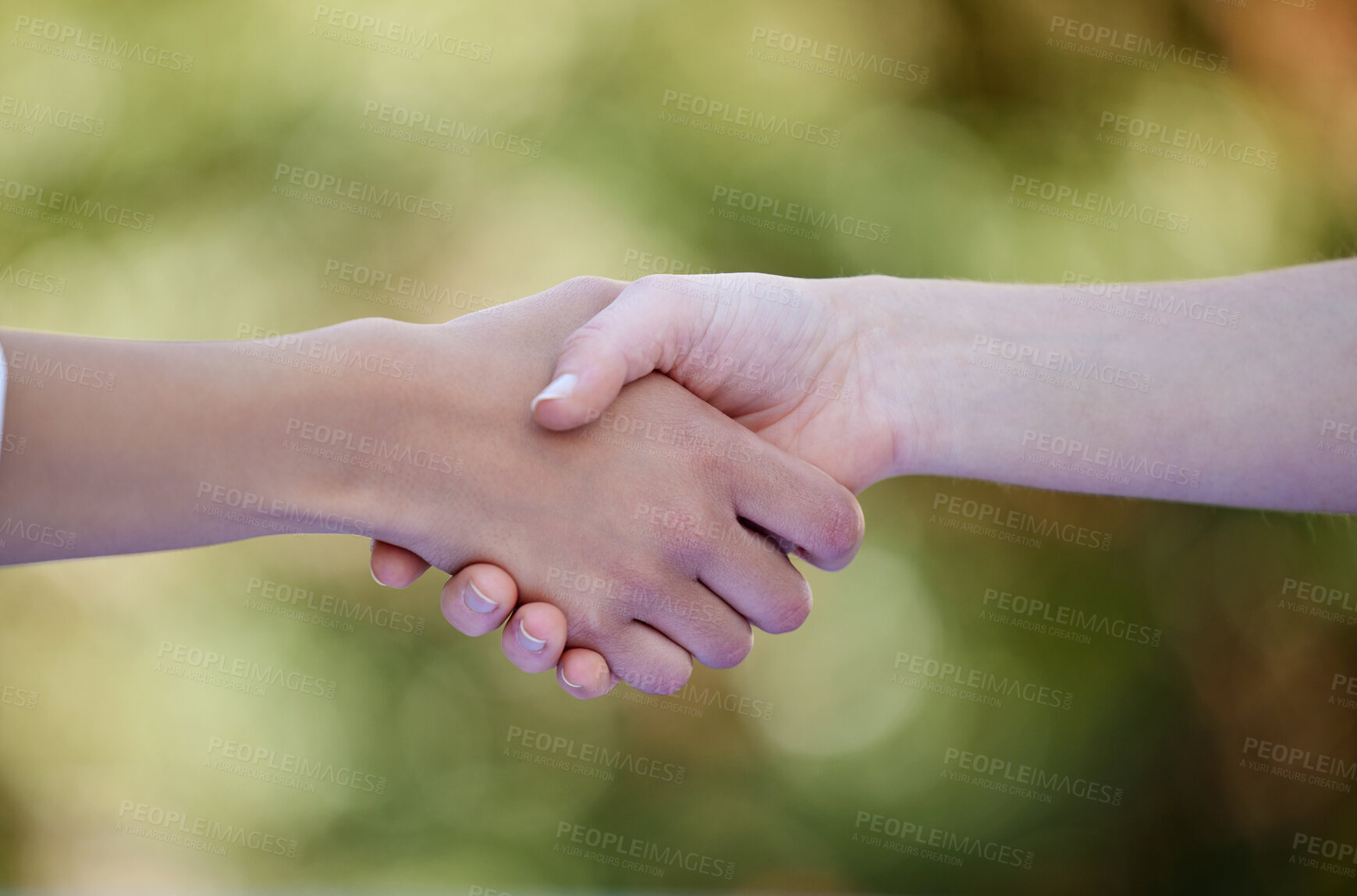 Buy stock photo Teamwork, handshake and hands of people in nature for collaboration, agreement and thank you in park. Friends, diversity and closeup of gesture for solidarity, community and greeting hello outdoors