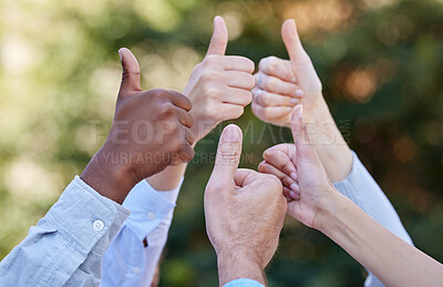 Buy stock photo Group, outside and business people with thumbs up in nature for agreement, support or collaboration. Proud community, teamwork or hands of consultants with solidarity vote, yes sign or like gesture