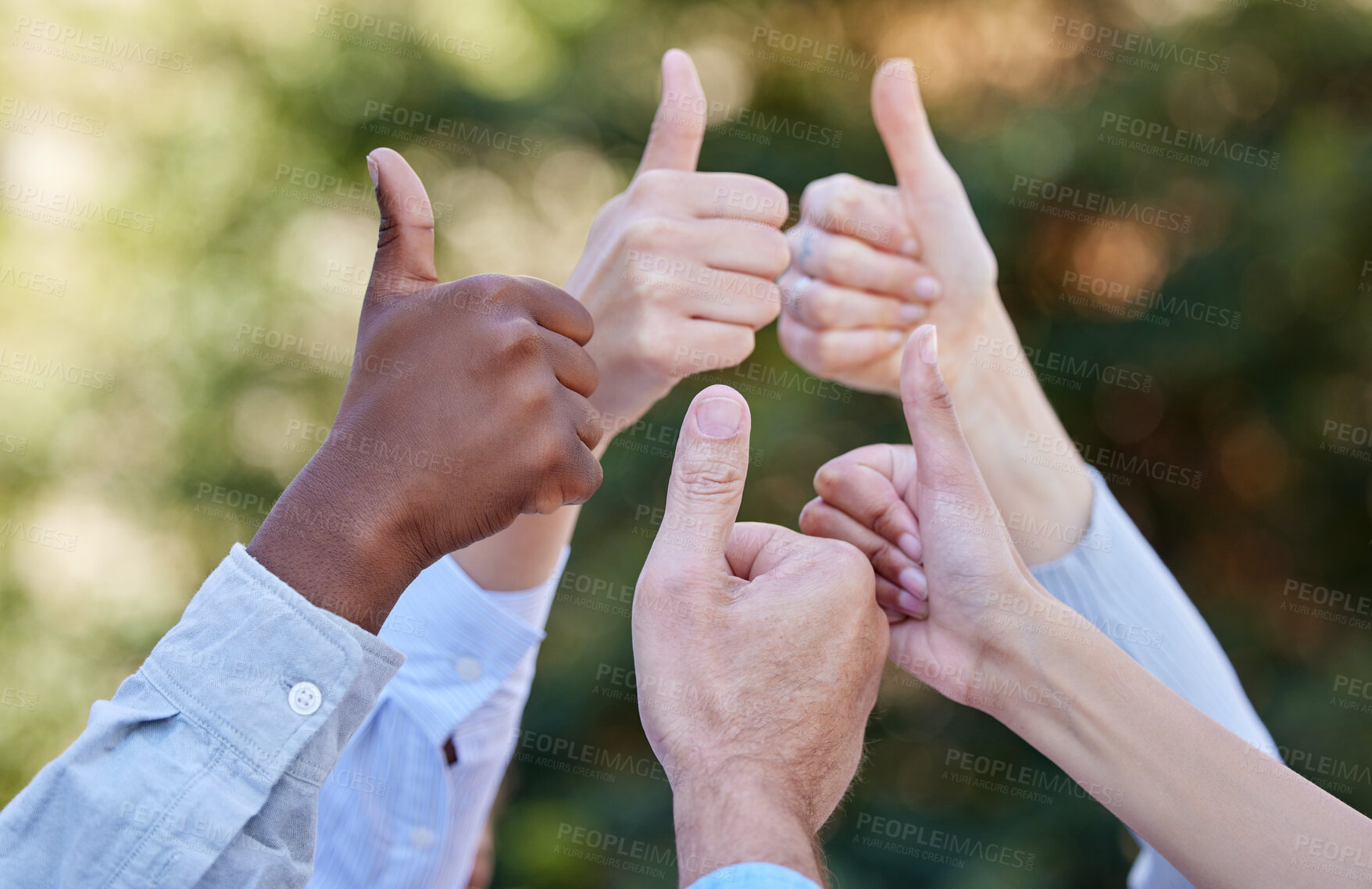 Buy stock photo Group, outside and business people with thumbs up in nature for agreement, support or collaboration. Proud community, teamwork or hands of consultants with solidarity vote, yes sign or like gesture