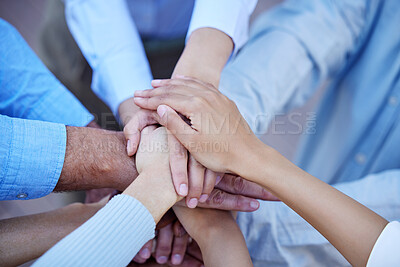 Buy stock photo Teamwork, outdoor or hands of business people in stack for mission goal, collaboration or community. Empower, partnership or above of employees in meeting for support, solidarity or group motivation
