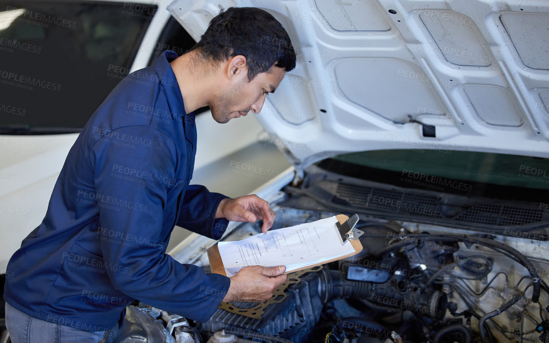 Buy stock photo Mechanic, working and clipboard with car engine, checking and automotive engineering service with man or repairman. Inspection, break fluid and transmission or check hood, workshop and professional