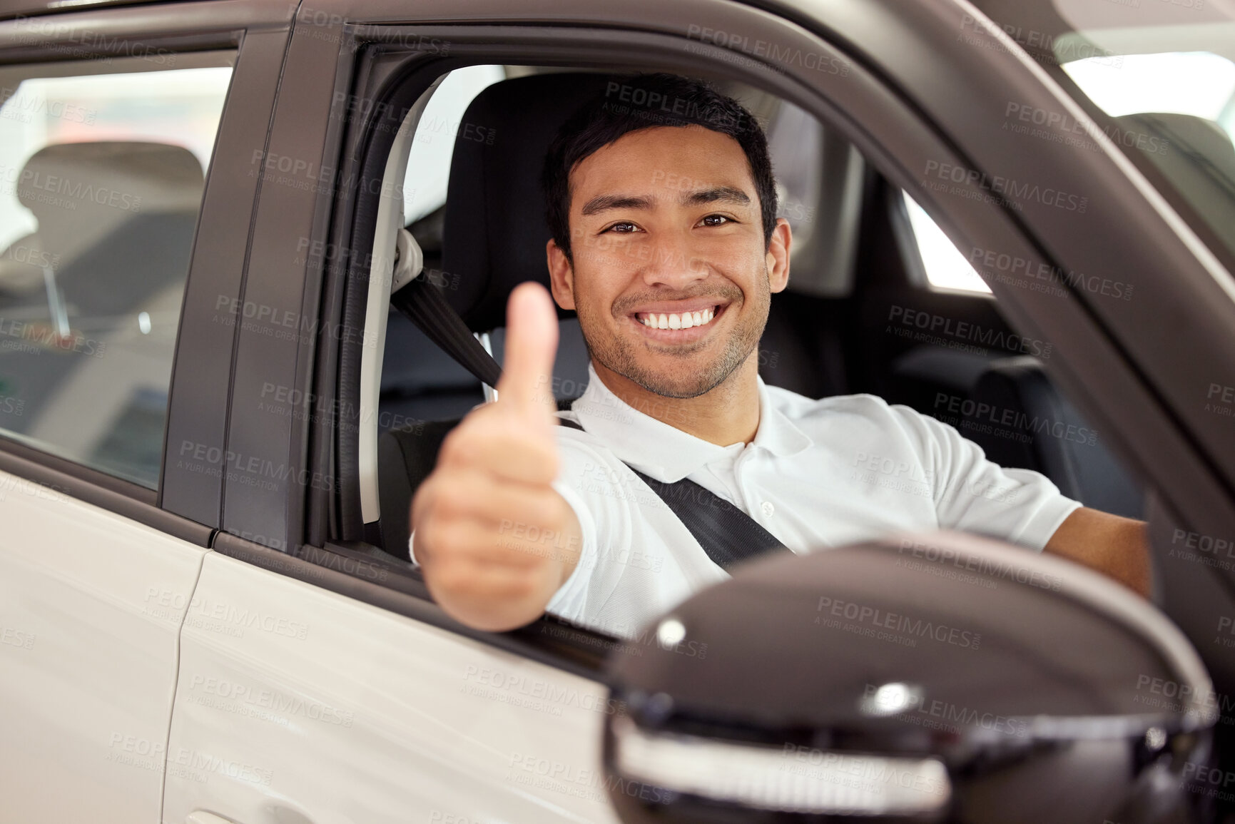 Buy stock photo Happy, man and portrait in car with thumbs up for finance, sale or dealership agreement for insurance. Vehicle, safety and customer with choice at showroom and thank you for luxury auto transport