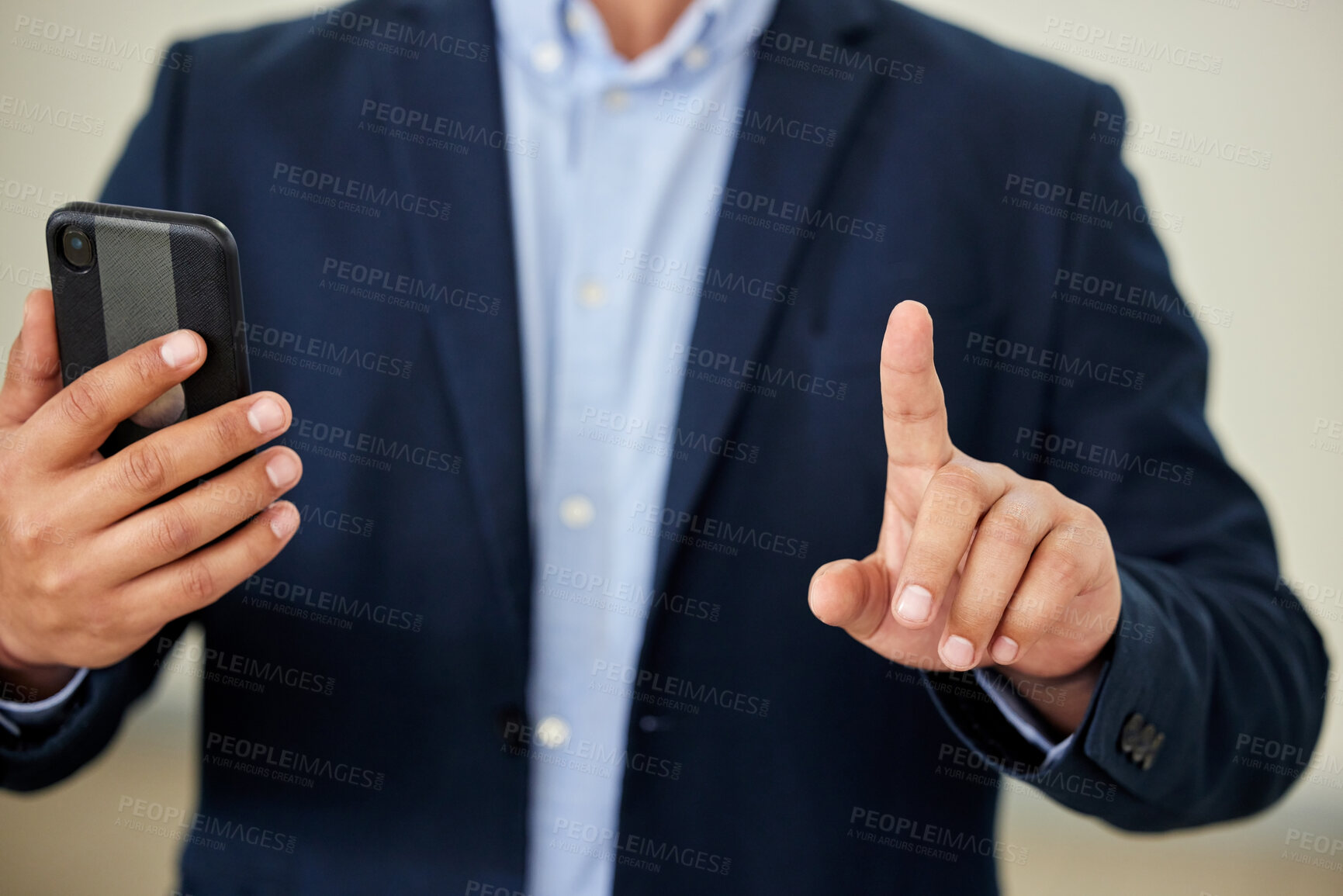 Buy stock photo Man, hand gesture and wait a second in busy, cellphone and business on texting with client for call. Male person, finger up and interruption in communication on technology for social media or message
