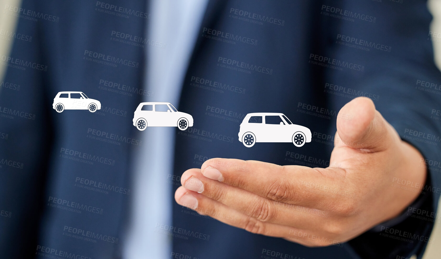 Buy stock photo Hands, man and hologram with car for insurance or policy as salesman for financial security or protection. Cover, future and vehicle for accident damage with deal for trust, support and hope