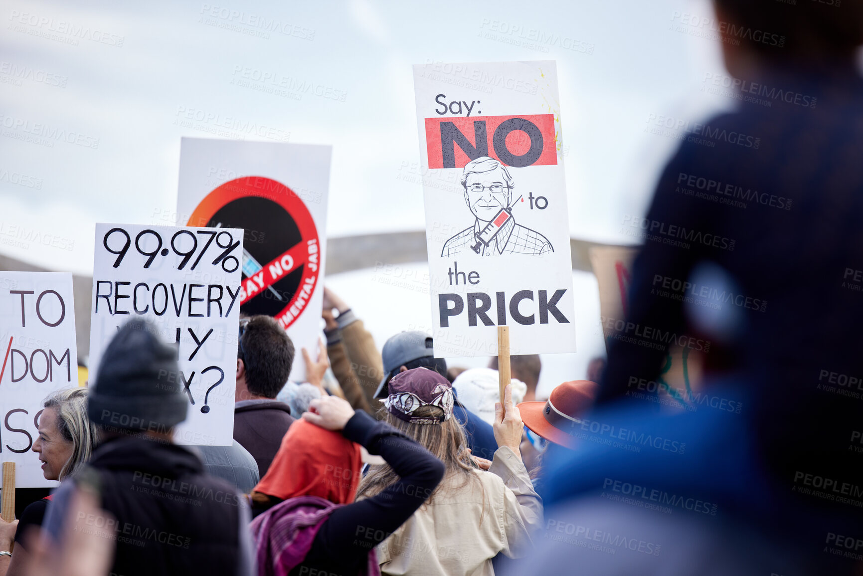 Buy stock photo Anti vax, protest and people with posters, sign and fight for human right, banner and freedom. Support, outdoor and group with march, health issue and crowd in stress, billboard and resistance