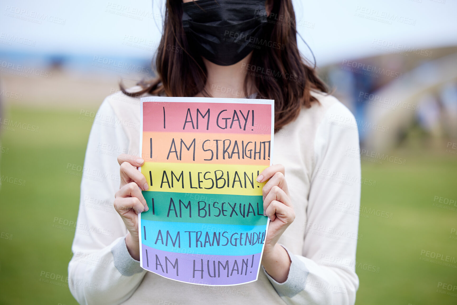 Buy stock photo Woman, protest and poster for lgbtq community with freedom of speech or human rights outdoor. Girl, empowerment and banner for gender equality, society and choice with pride, support and solidarity