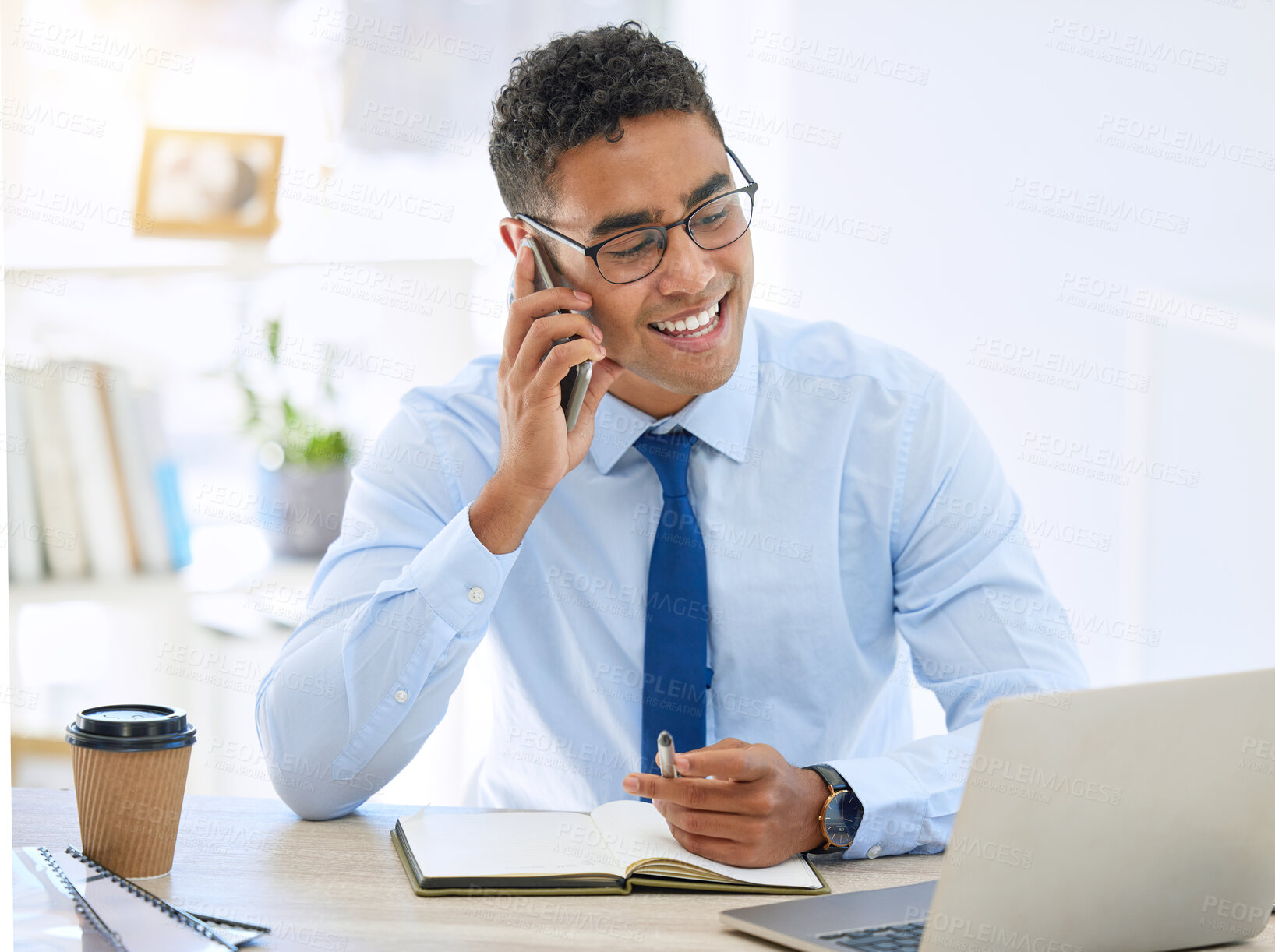 Buy stock photo Happy, assistant and phone call with laptop in office for contact, communication and feedback. Smile, male person and receptionist with smartphone at desk for agenda, schedule planning and chat.