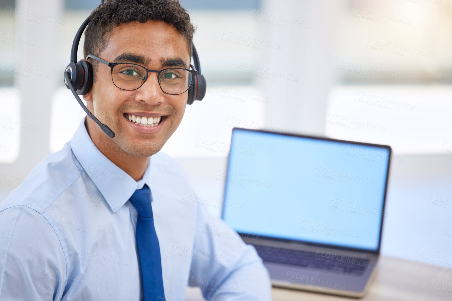 Buy stock photo Businessman, telemarketing and headphones with computer in office for contact, communication and help on hotline. Smile, male person and crm with laptop for customer service and support on mockup