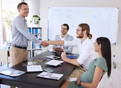 Buy stock photo Business, meeting or shaking hands in office for deal, welcome or thank you for partnership. Group, people or workplace with handshake for trust with diversity, agreement or collaboration for company