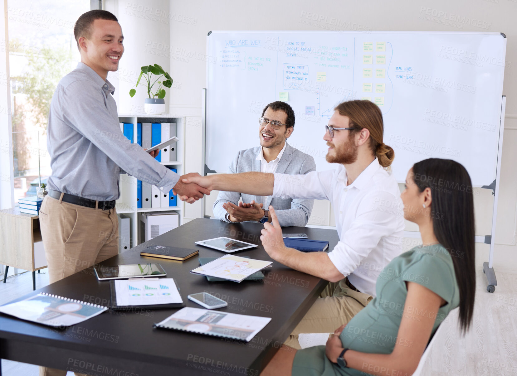 Buy stock photo Business, meeting or shaking hands in office for deal, welcome or thank you for partnership. Group, people or workplace with handshake for trust with diversity, agreement or collaboration for company