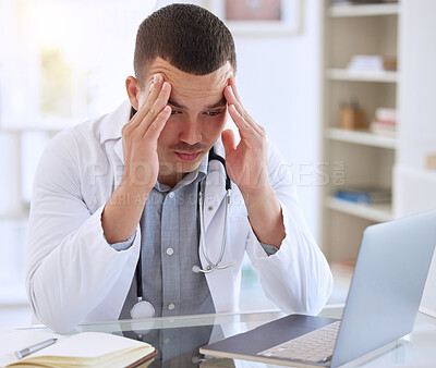 Buy stock photo Doctor, laptop and man in clinic with stress for surgery mistake, headache pain and test results for cancer. Male surgeon, frustrated and tech at desk with 404 glitch for online article and brain fog