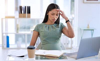 Buy stock photo Pregnant woman in office, stress headache at desk with laptop and small business research online. Pregnancy, fatigue and exhausted businesswoman working overtime on report at startup design company.