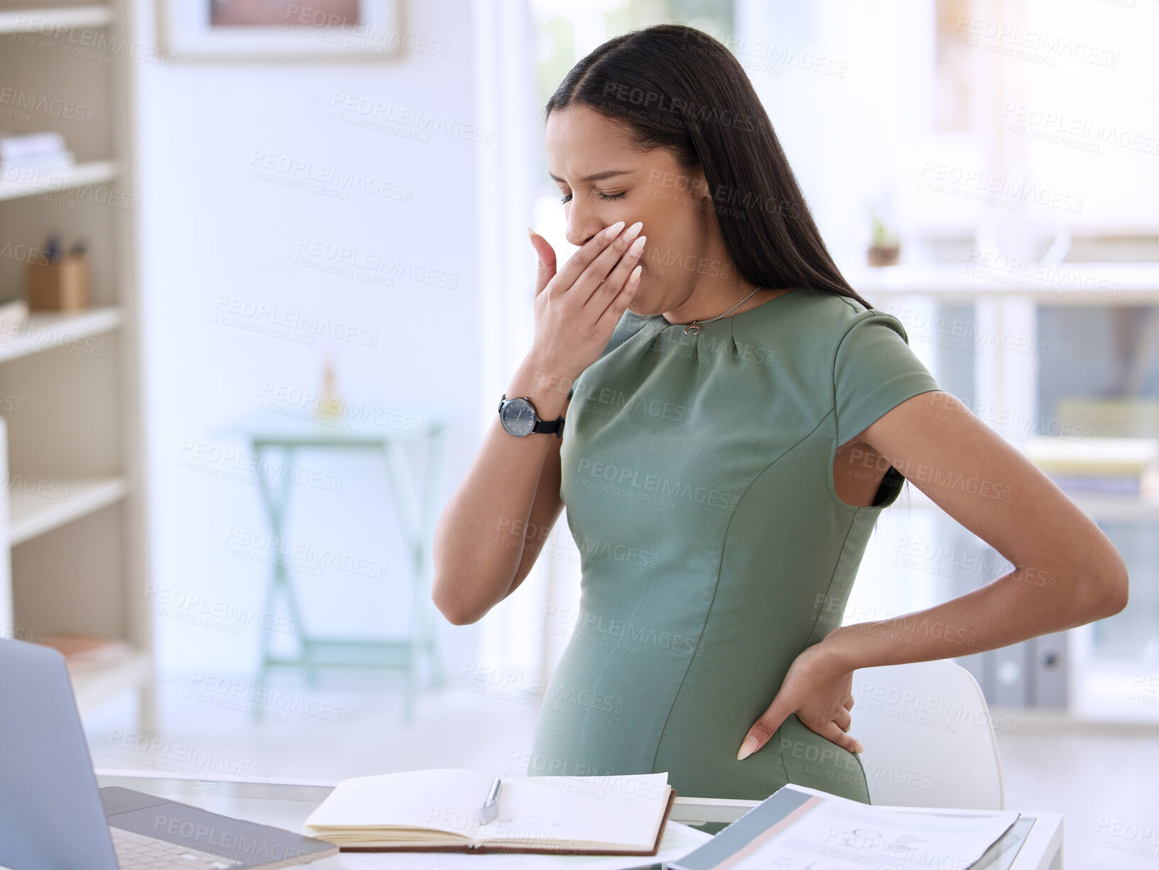 Buy stock photo Tired, business woman and pregnant with yawn and fatigue from office work. Pregnancy, female employee and maternity of a worker with fatigue and burnout at a company for report deadline with notes