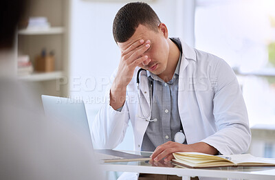 Buy stock photo Laptop, doctor and man with headache, stress and fatigue with crisis, overworked and exhausted. Person, medical and professional with pc, tired and physician with migraine, frustrated and burnout