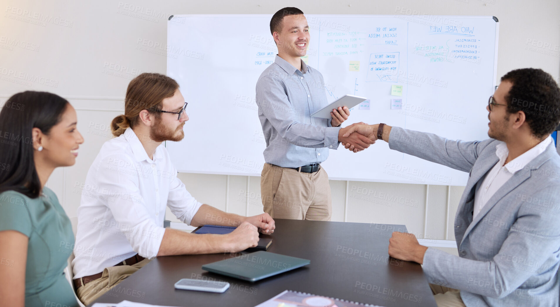 Buy stock photo Handshake, business people and presentation in office with tablet for project, planning and marketing team. Success, congratulations and man for partnership, career promotion and agreement in agency