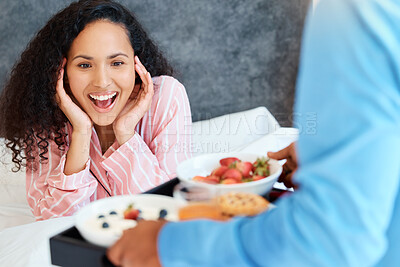 Buy stock photo Bedroom, happy woman and breakfast for celebration, surprise and special birthday. Morning, love and romance of married couple with fruit, food and pancakes for partner as anniversary day at home