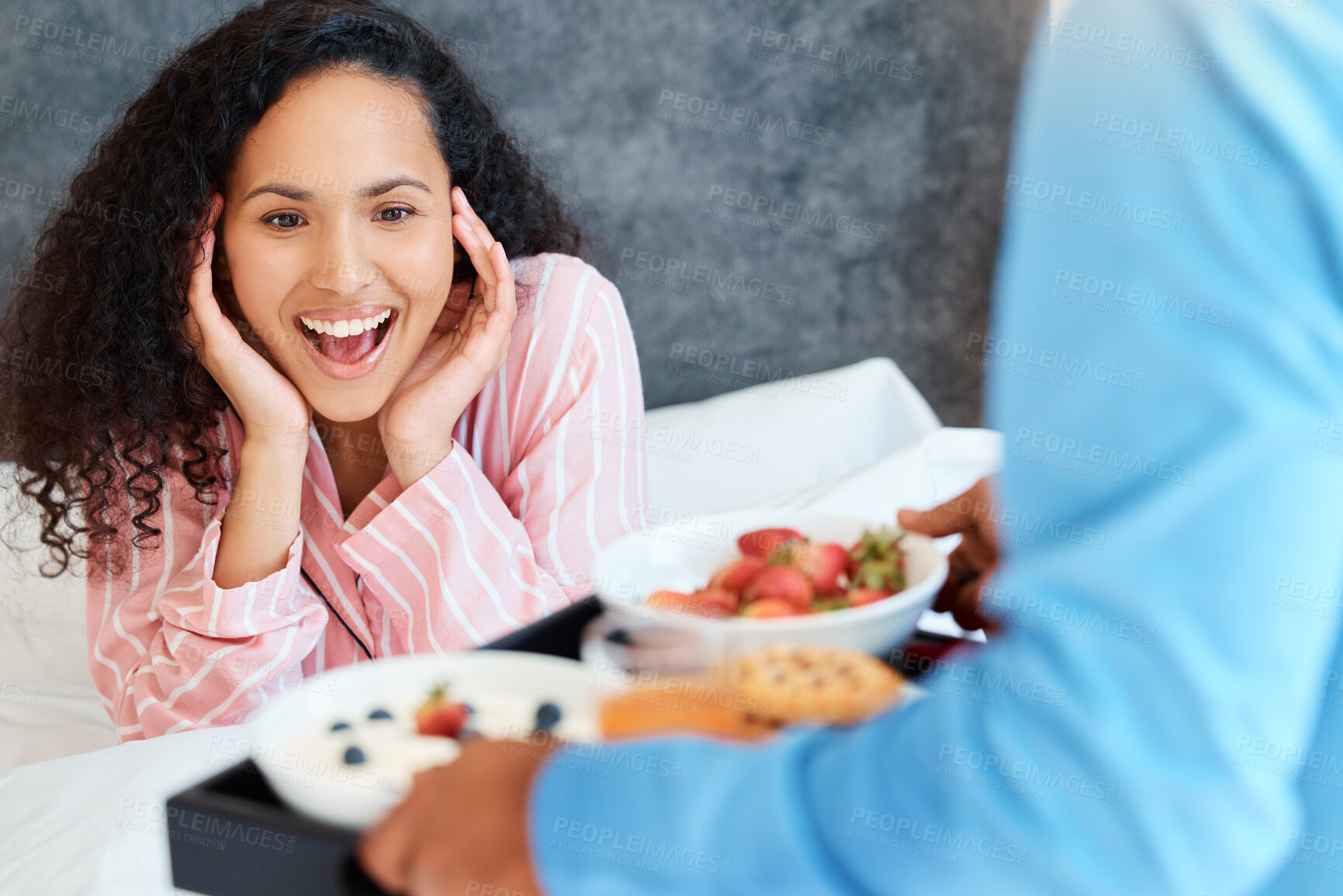 Buy stock photo Bedroom, happy woman and breakfast for celebration, surprise and special birthday. Morning, love and romance of married couple with fruit, food and pancakes for partner as anniversary day at home