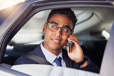 Buy stock photo Car window, phone and thinking with business man in suit for morning commute or travel to work. Face, transport or vision and happy corporate employee with mobile for communication or conversation