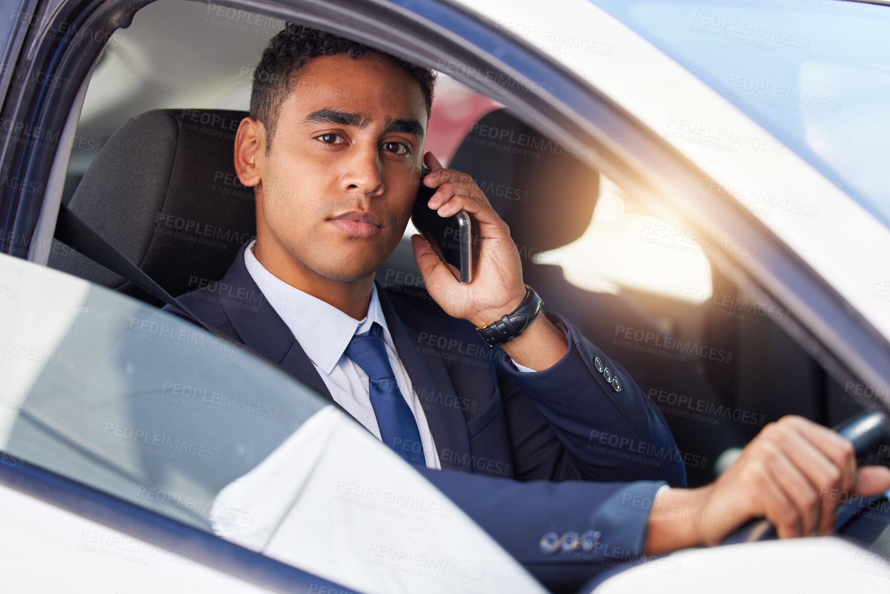 Buy stock photo Car window, phone call and portrait of serious businessman in suit for morning commute or travel to work. Face, drive or transport and corporate employee with mobile for communication or conversation