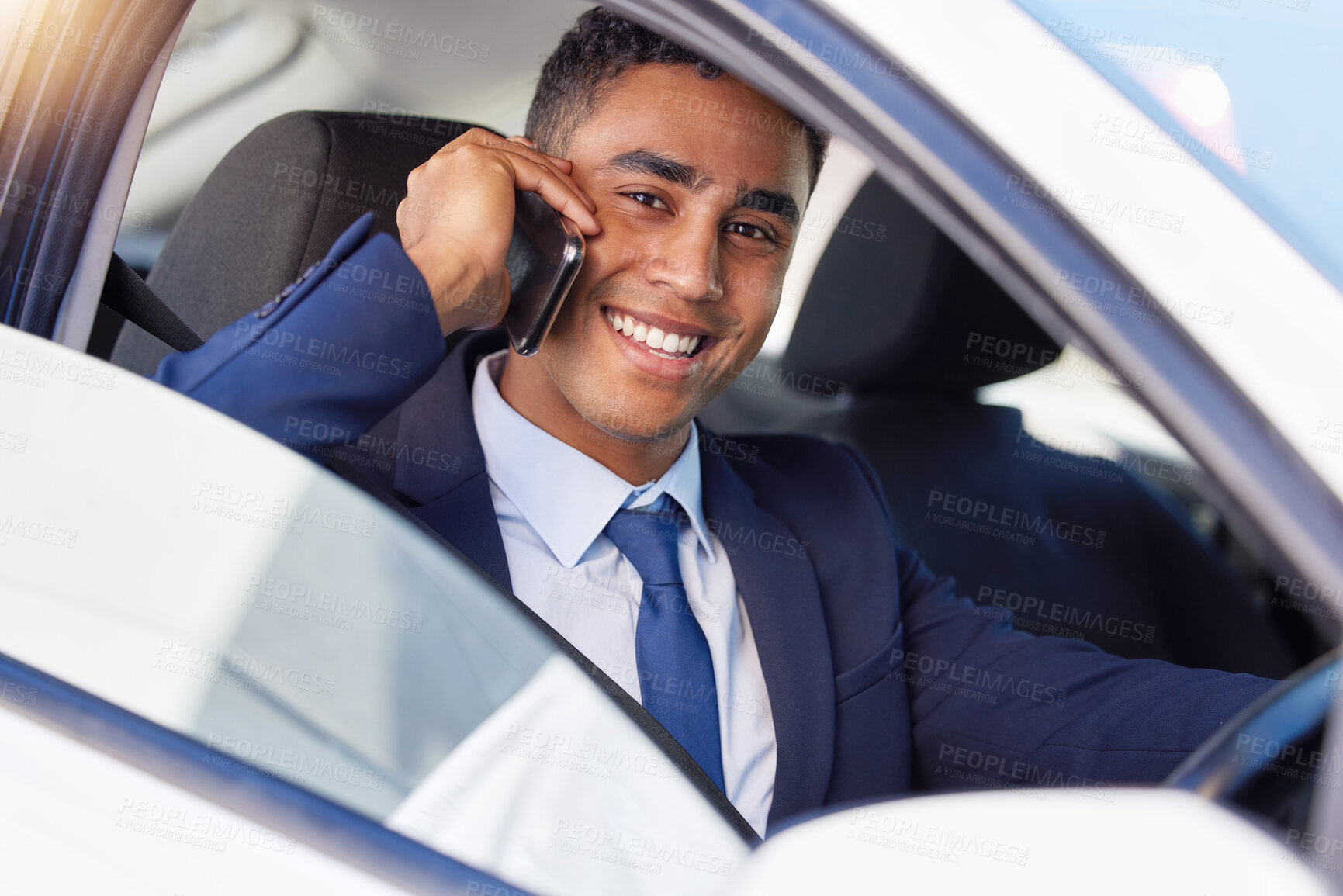 Buy stock photo Car window, phone call and portrait of business man in suit for morning commute or travel to work. Face, drive or transport and smile of happy corporate employee with mobile for communication