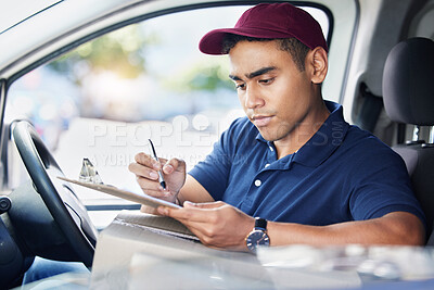 Buy stock photo Delivery, clipboard and man writing in van with checklist for shipping, logistics and supply chain. Ecommerce, online shopping and male driver with product list to deliver package, parcel and order