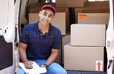 Buy stock photo Delivery van, clipboard and portrait of man with boxes for shipping, logistics and supply chain checklist. Ecommerce, online shopping and male driver with list to deliver package, parcel and order